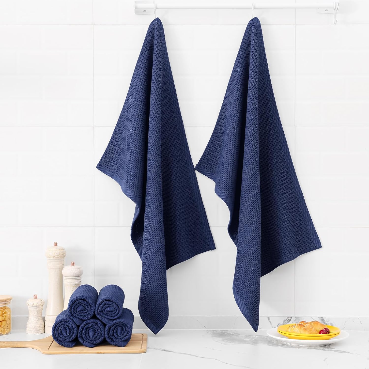 Kitinjoy 100% Cotton Waffle 4-Pack Kitchen Towels, 20" x 28", Navy Blue | Super Soft, Ultra-Absorbent, Fast Drying