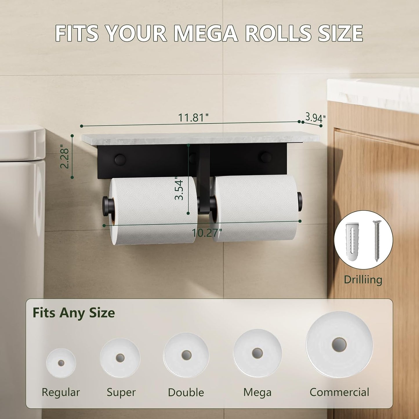 Marble Toilet Paper Holder with Shelf Doulble Bathroom Tissue Roll Holder | Matte Black 304 Stainless Steel Toilet