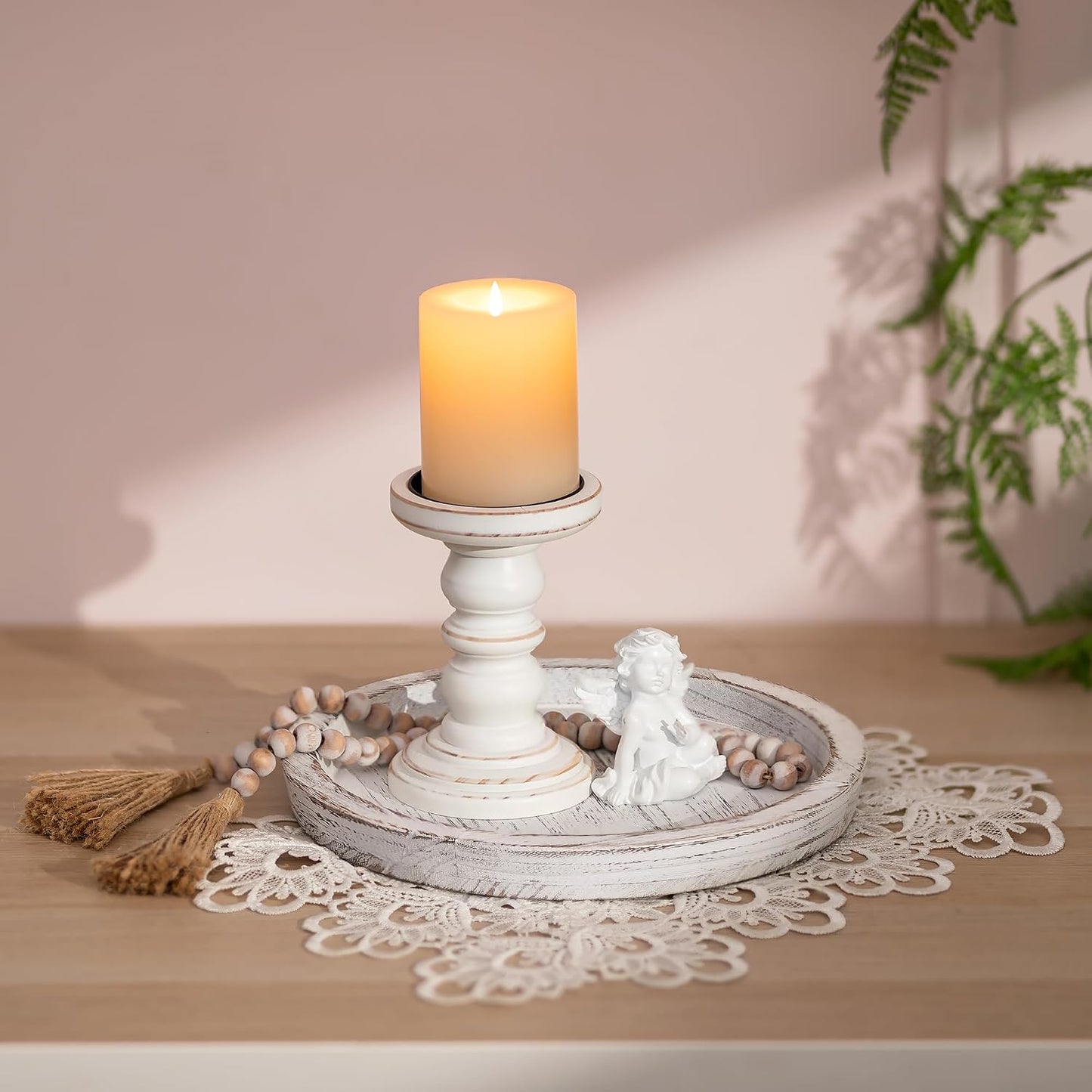 Rustic Wooden Tray Candle Holder / Distressed White