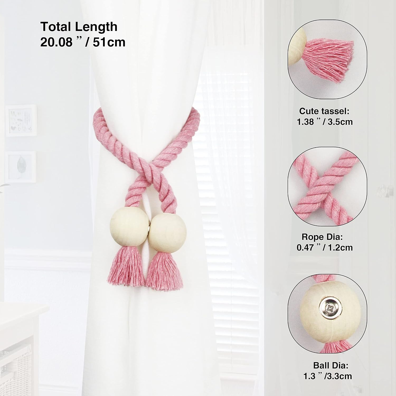 Magnetic Curtain Tiebacks Decorative Tie Back Drapes Holdbacks Nieffeiy | 6 Pack Pink Cotton Hand Woven Rope Curtain