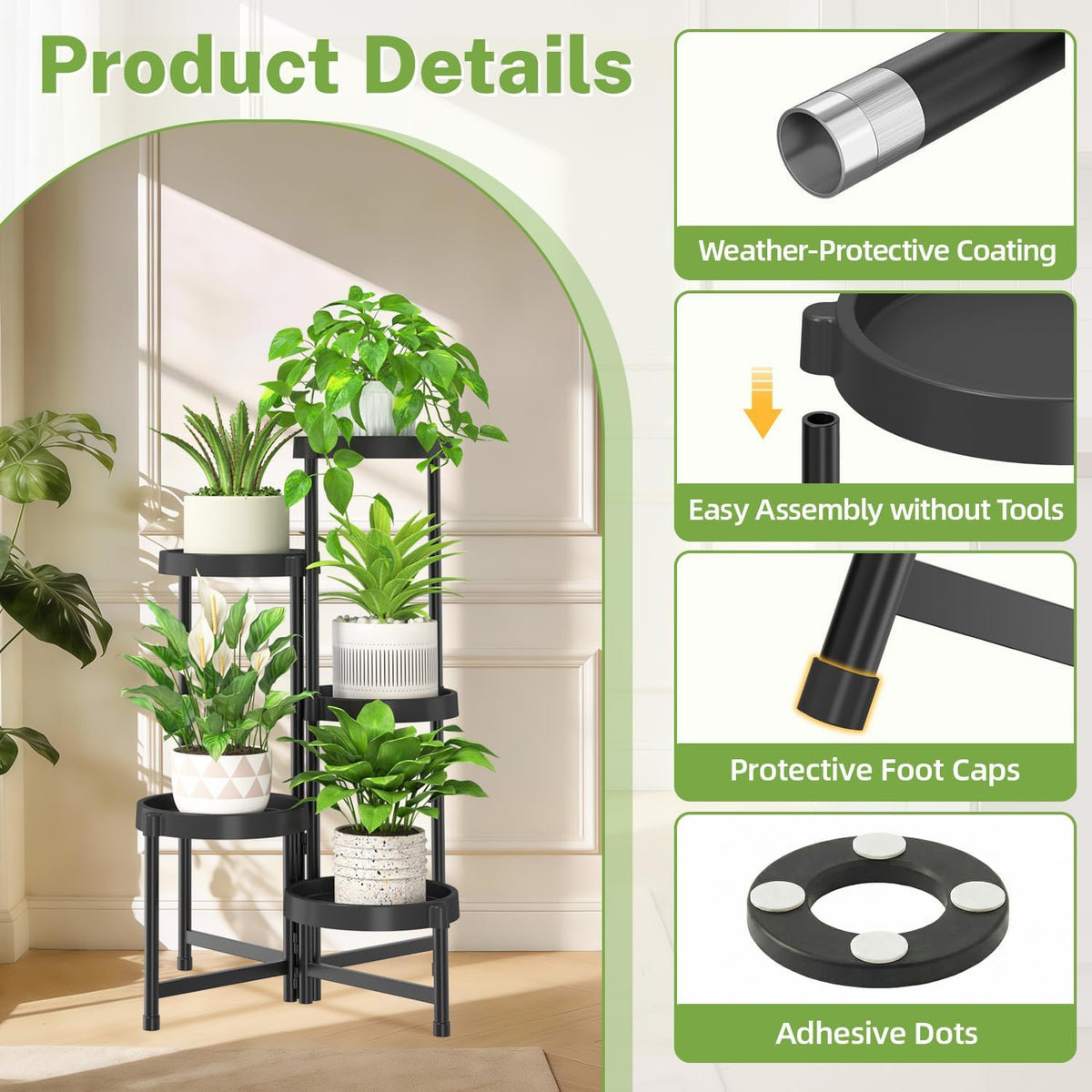 iDavosic.ly 5 Tier Folding Plastic Plant Stand Indoor, Grow Light, Black | Space Saving Tiered Corner Storage Display