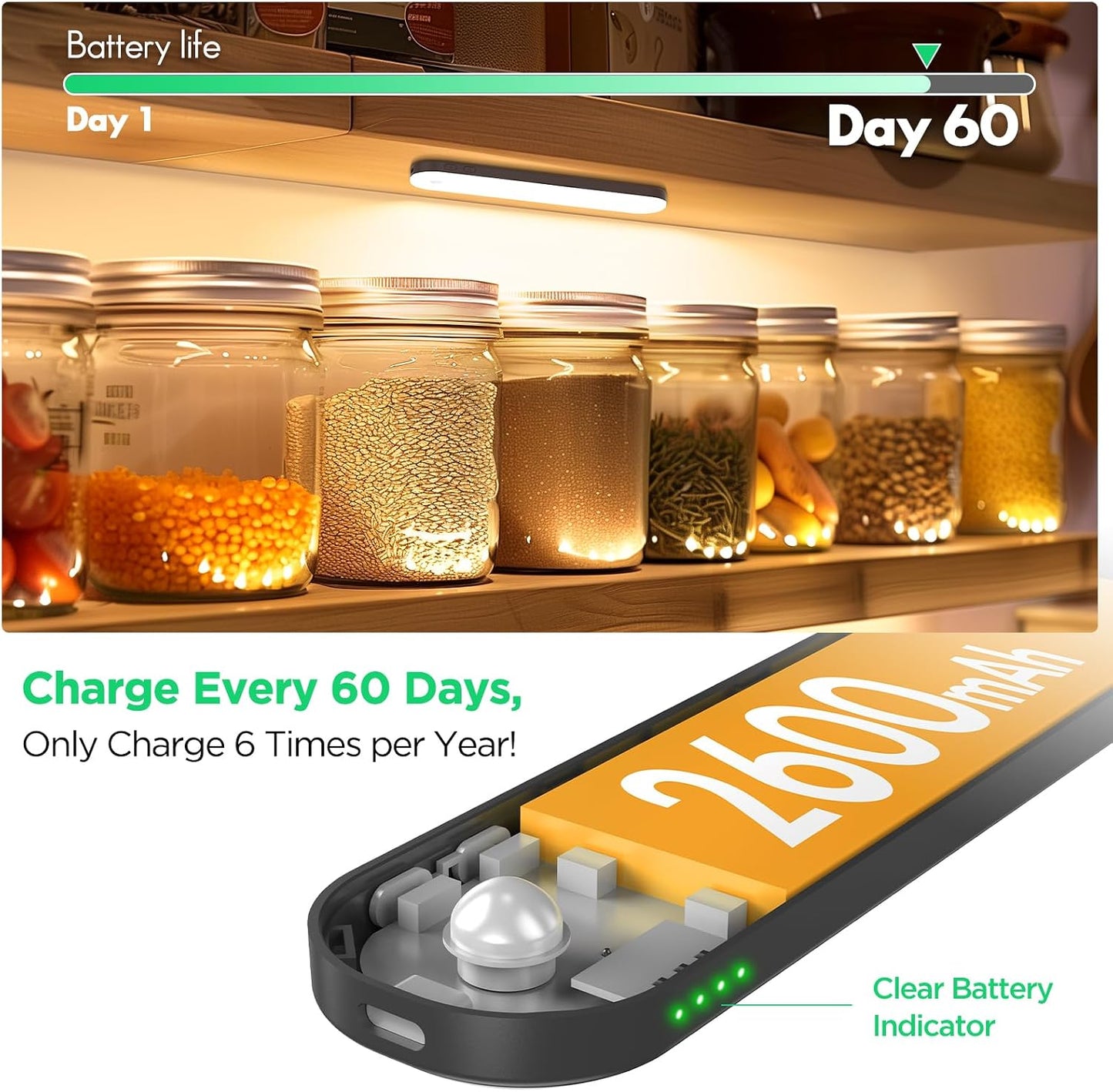 Under Cabinet Lighting, Motion Sensor Lights Indoor with 3 Color Temps Dimmable, 2600mAh Rechargeable Closet Lights