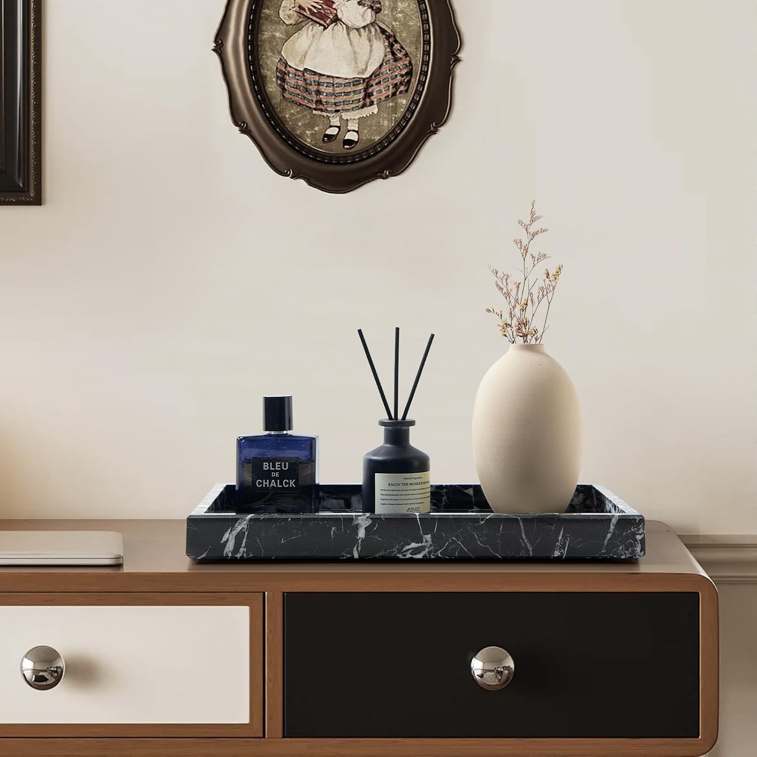 Real Natural Marble Tray / Black / 12 x 8 x 1.2