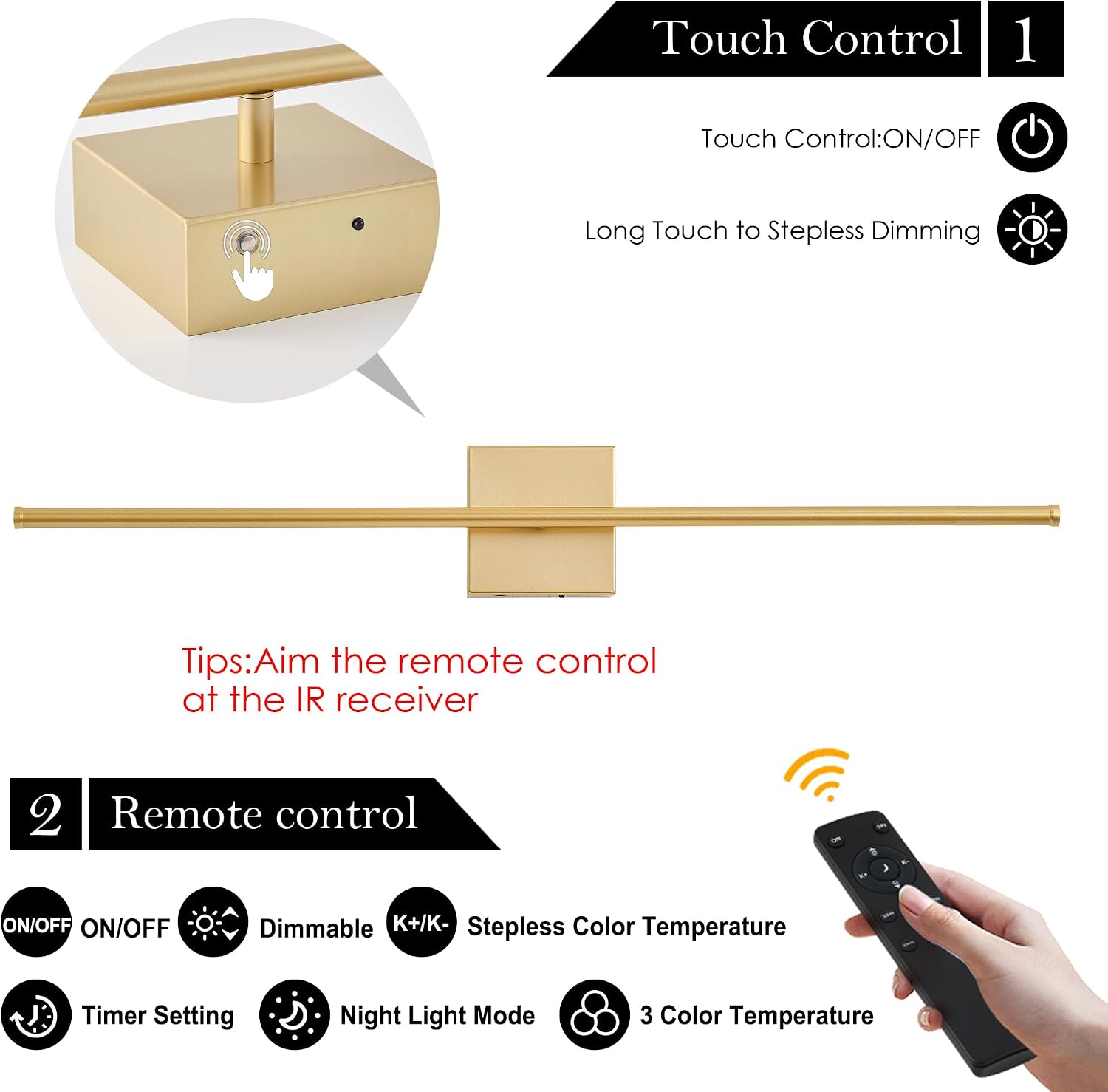 KARTOOSH Battery Operated Wall Sconces Set of 2 Wireless,40.1 Inch Gold | Battery Removable, 3000-6000K, Stepless