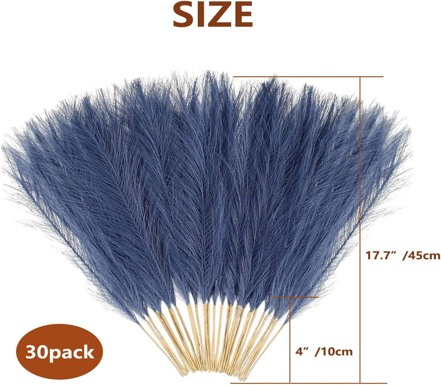 17" Navy Flowers Short Fluffy Artificial Faux Pampas Grass Stems / Blue / Set of 30