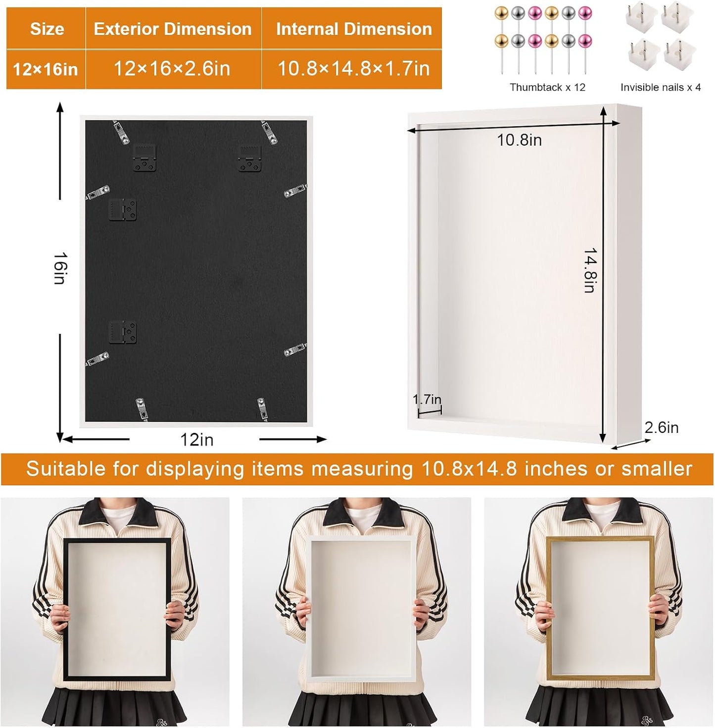 12x16 Large Shadow Box Frame with Thickened Acrylic Panel & Pins | With Push Pins, Deep 1.7" White Shadow Box Display