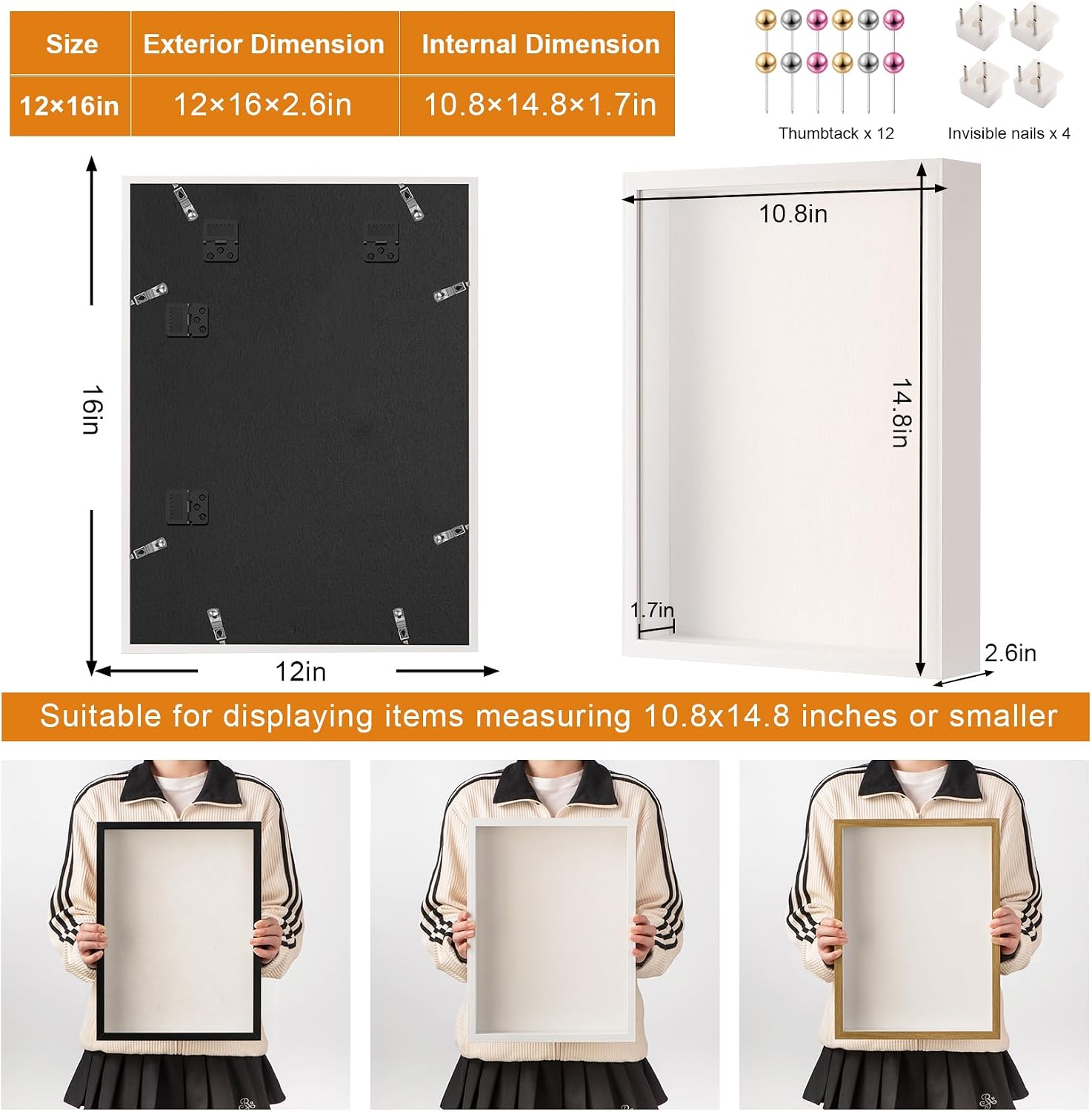 12x16 Large Shadow Box Frame with Thickened Acrylic Panel & Pins | With Push Pins, Deep 1.7" White Shadow Box Display