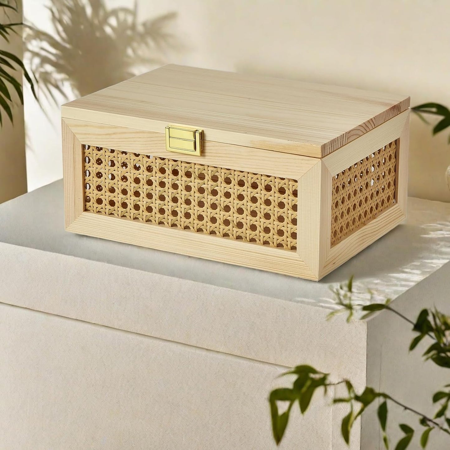 Decorative Rattan Storage Boxes Solid Wood Woven Baskets Bins / Light Wood / Natural