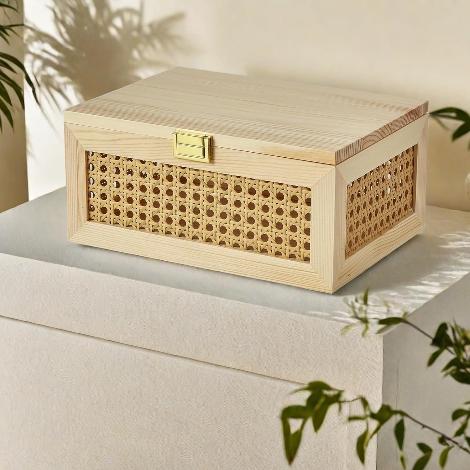 Decorative Rattan Storage Boxes Solid Wood Woven Baskets Bins / Light Wood / Natural