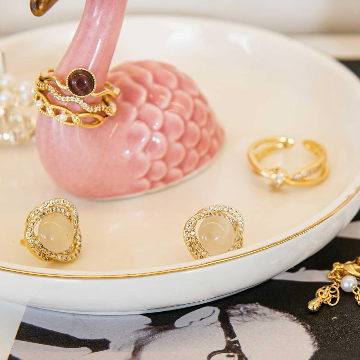 Ceramic Jewelry Tray Trinket Dish for Necklace Keychain Organizer / Flamingo