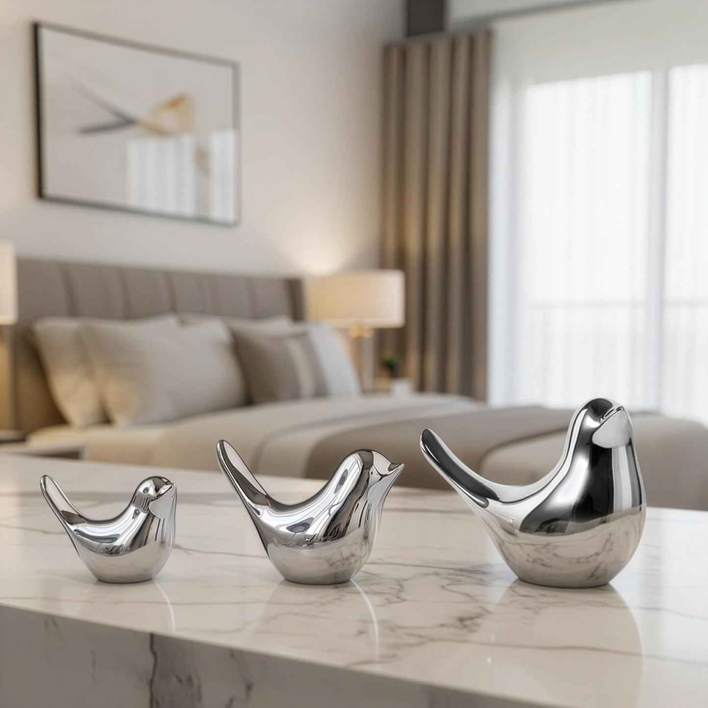 Bird Statue Set / Silver / Small + Medium + Large