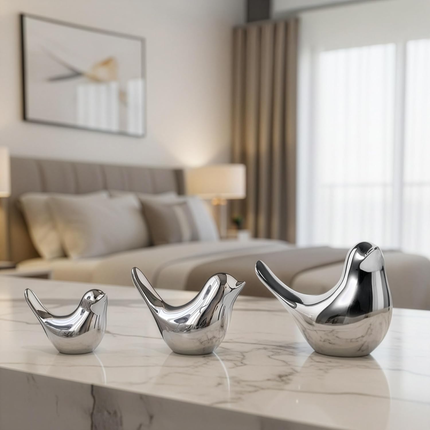 Bird Statue Set / Silver / Small + Medium + Large