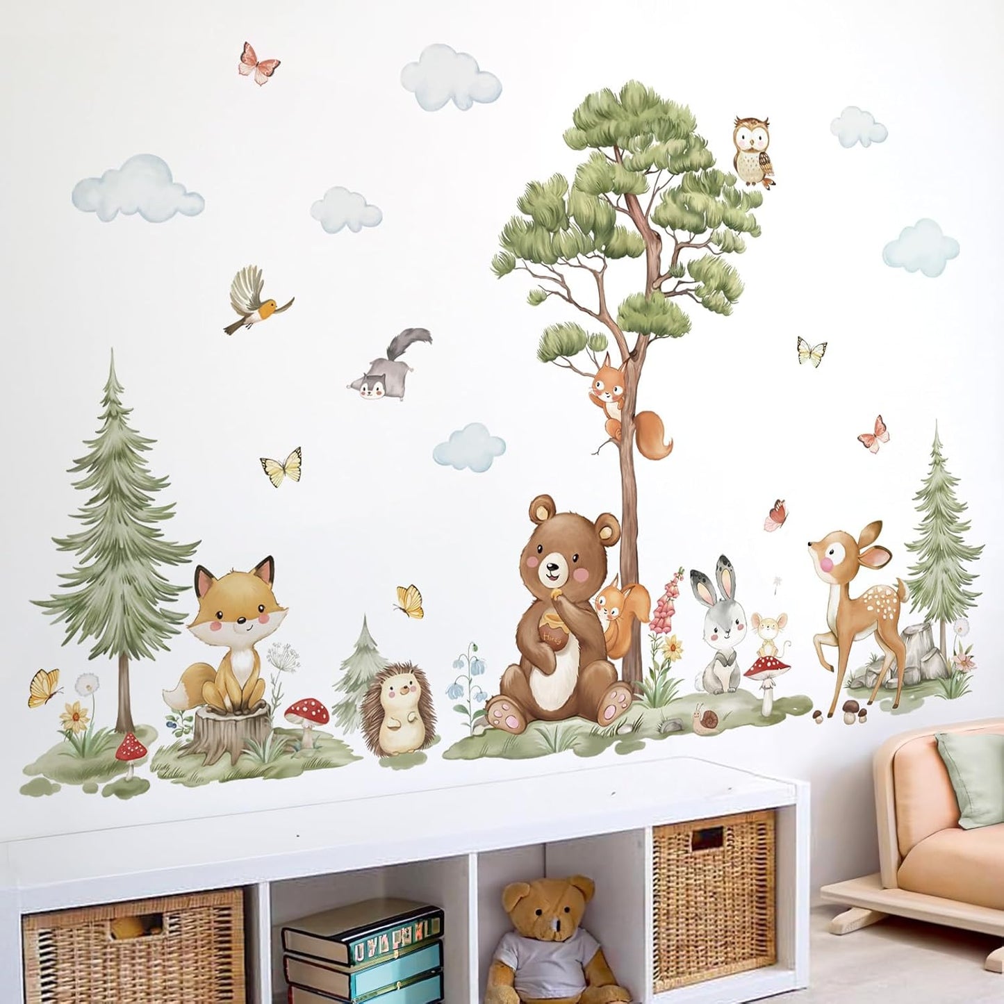 Woodland Animals Wall Stickers Large Pine Tree Forest Bear Deer Fox Peel and Stick Wall Art Decals