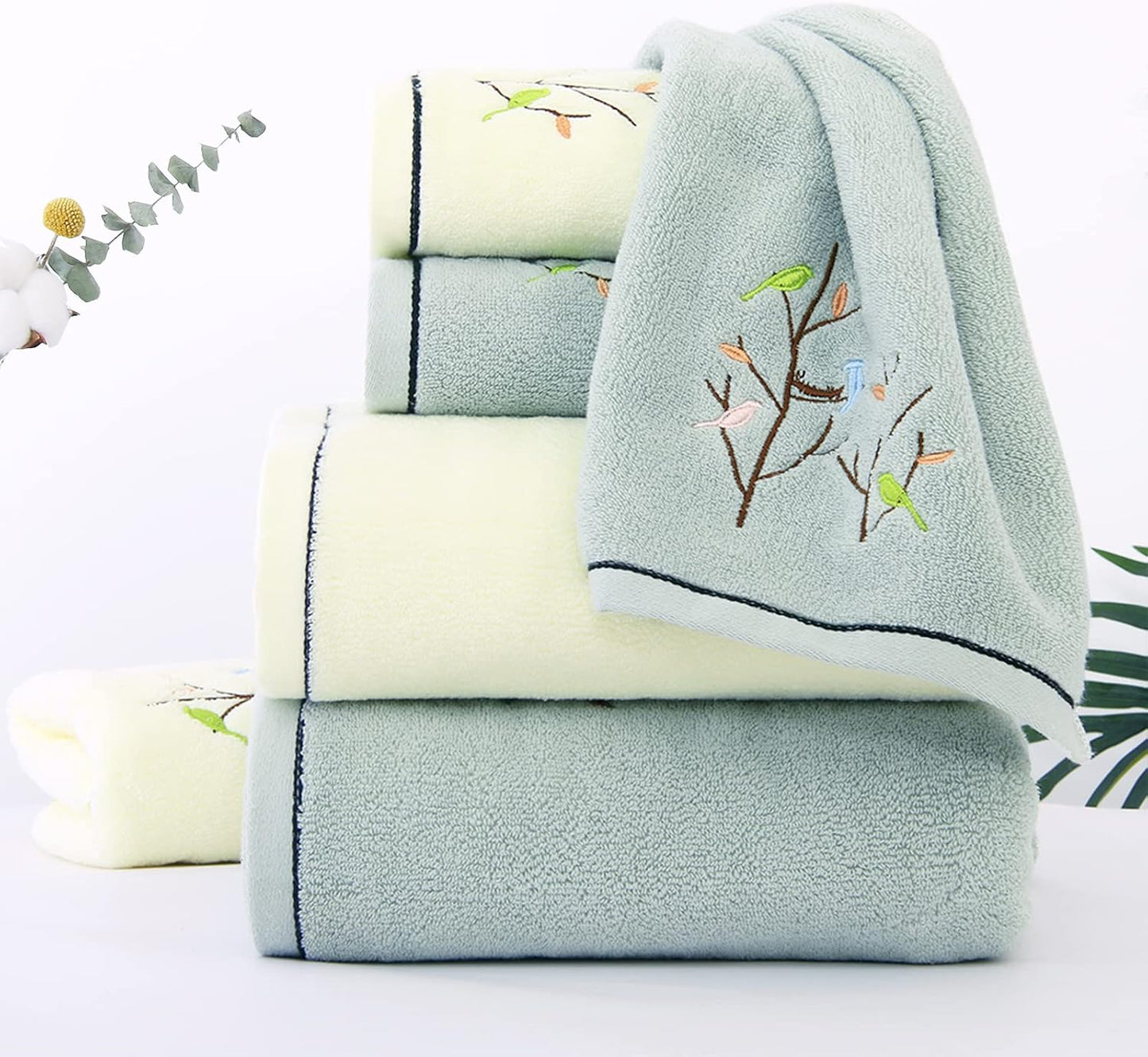Hand Towels Set of 4 Embroidered Bird Tree Pattern 100% Cotton Absorbent Soft Decorative Towel for Bathroom (Aqua Green)