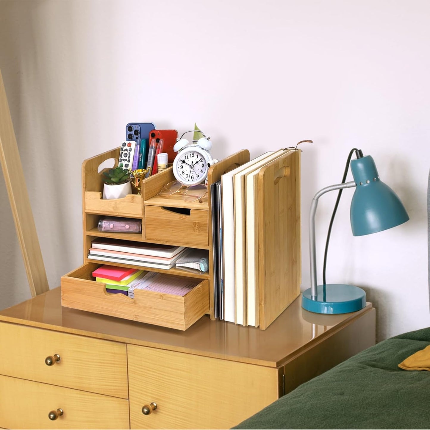 ZOOFOX Bamboo Desk Organizer with Adjustable File Holder, Mail Organizer Countertop with Drawer, 4-Tier Desktop