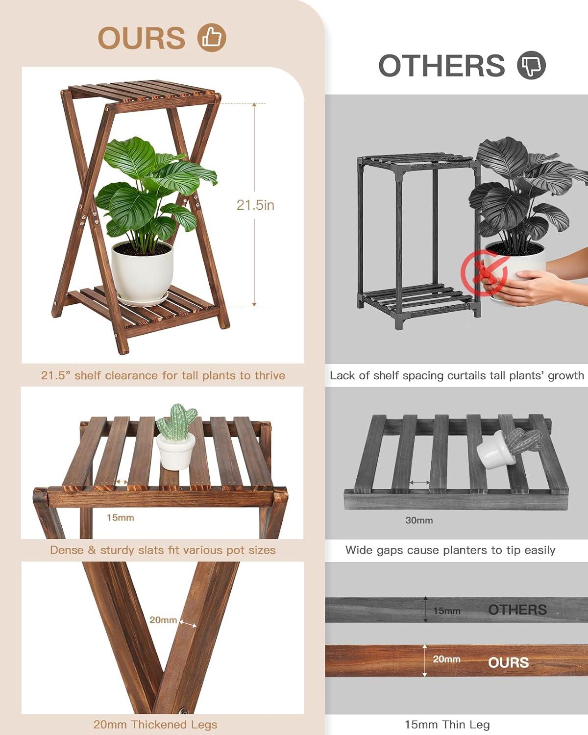Wood Tiered Plant Stand Indoor,Corner Plant Shelf for Indoor Plants | Rustic Flower Pot Stand, Tall Single Plant Holder