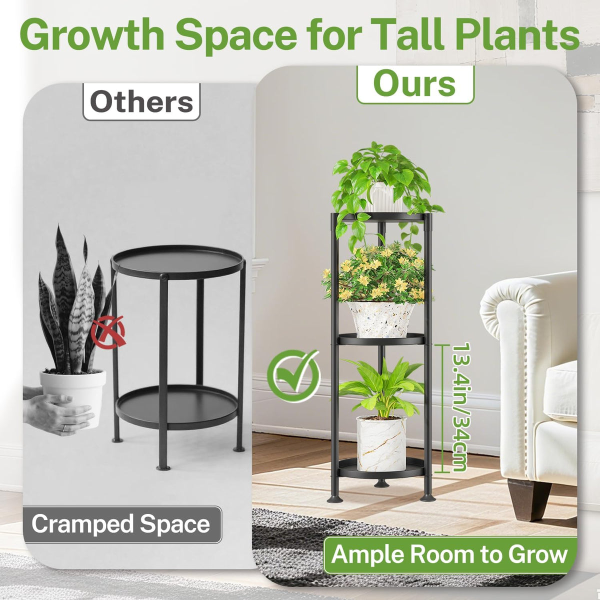 iDavosic.ly 3 Tier Plant Stand Indoor Outdoor, 10 In Wide Metal Tray, Black | Vertical Metal Corner Heavy Duty Multiple