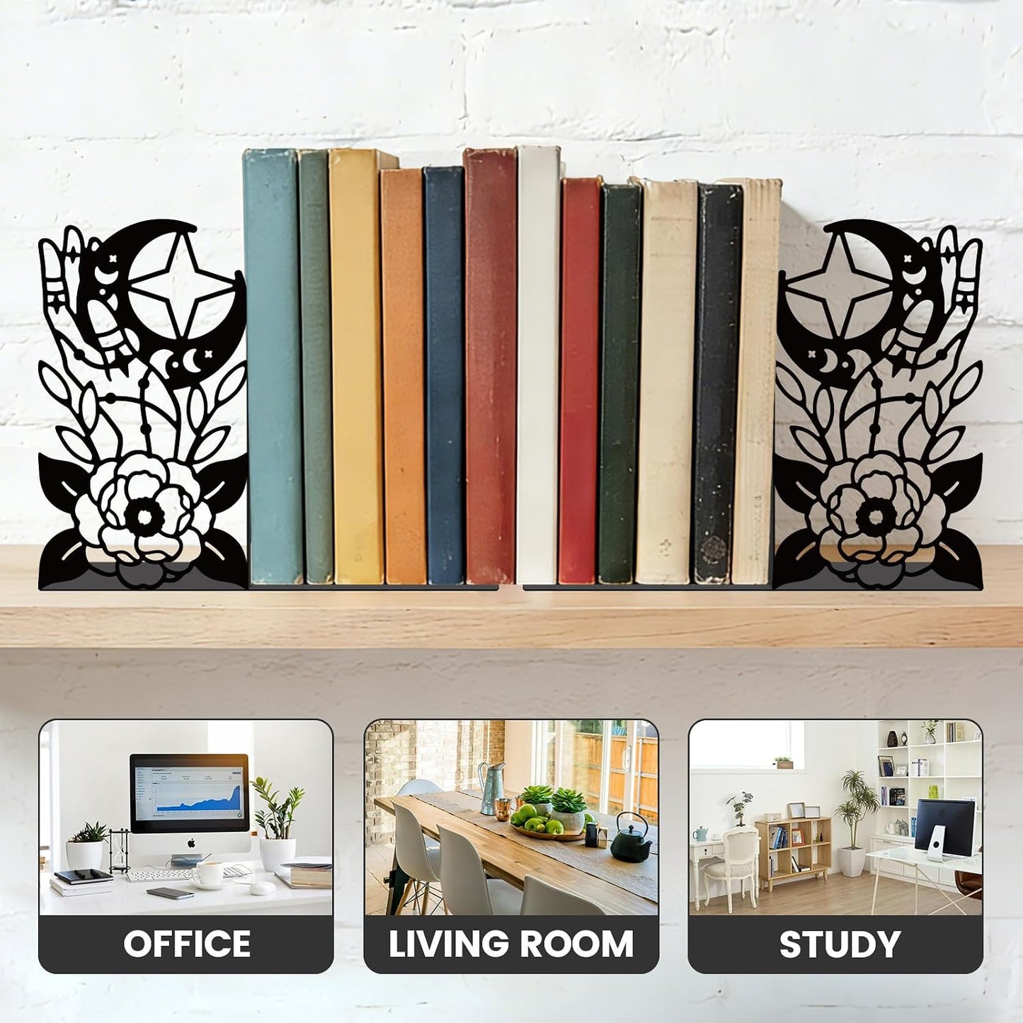 Metal Bookends Lunar Phases Heavy Duty Adjustable Book Stopper / Moon / Black / Set of 2