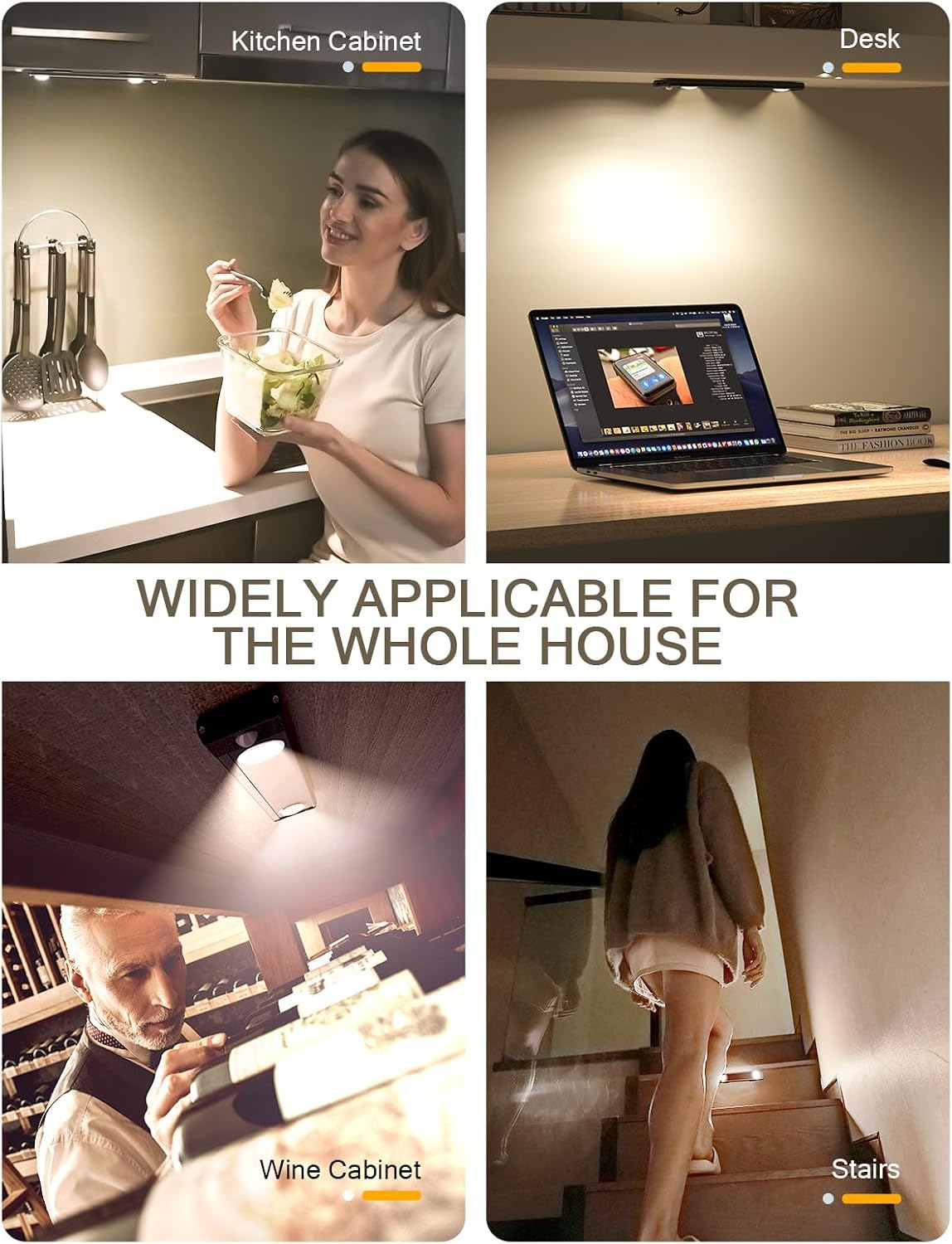 Under Cabinet Lights, Wireless Motion Sensor Light Indoor, Black 10in LED warm Lighting Rechargeable Battery Operated,4