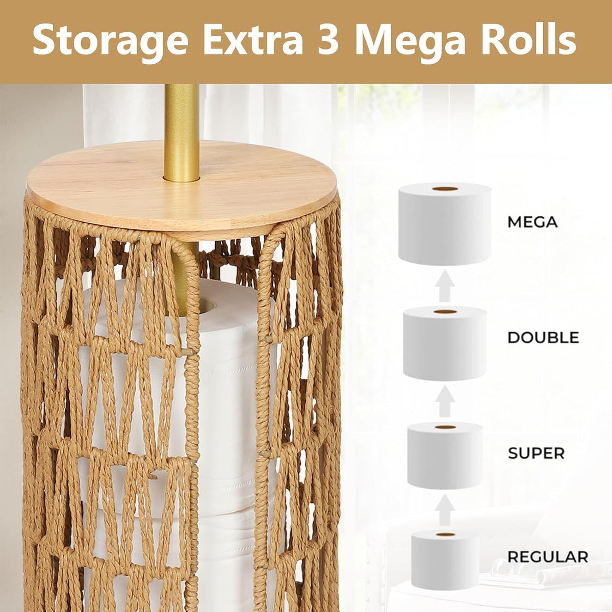 Freestanding Toilet Paper Holder with Storage,3 Rolls of Boho Toilet Paper Holder Stand with Lid,Gold Toilet Tissue