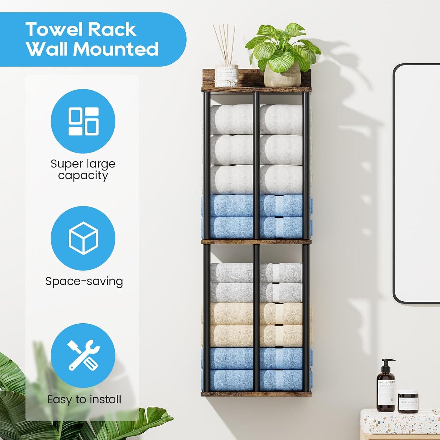 Towel Racks for Bathroom Wall Mounted with Wooden Storage Shelf | Updated 3 Bar Metal Towel Holder for Rolled Towels