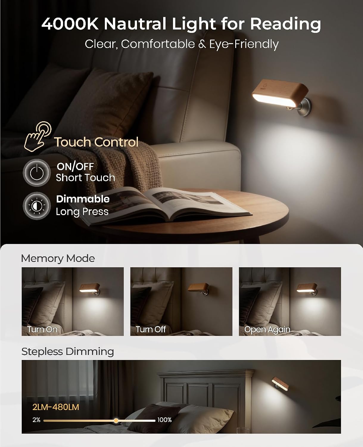 Wood Wall Sconce, Rechargeable Reading Light, Magnetic Bedside Lamp | Touch Control Reading Light for Headboard, 360°