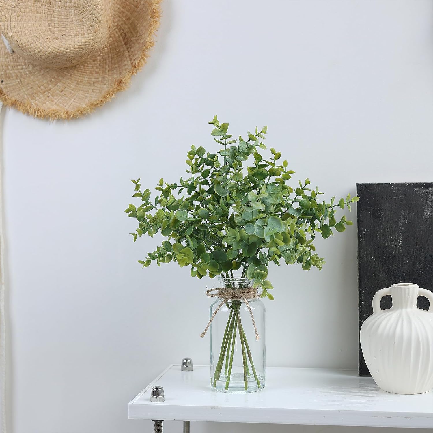 Fake Eucalyptus Stems in Glass Vase