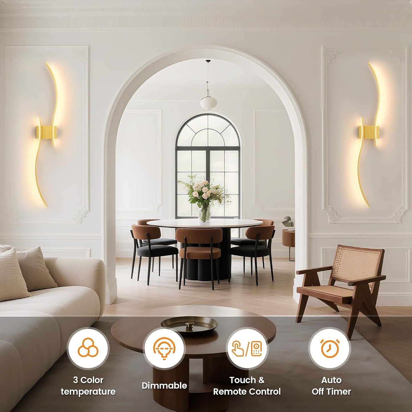 VOLISUN Battery Operated Wall Sconces Set of Two, 39.4 inch Wireless Wall Sconces, 3000K-6500K Dimmable Wall Lamps with