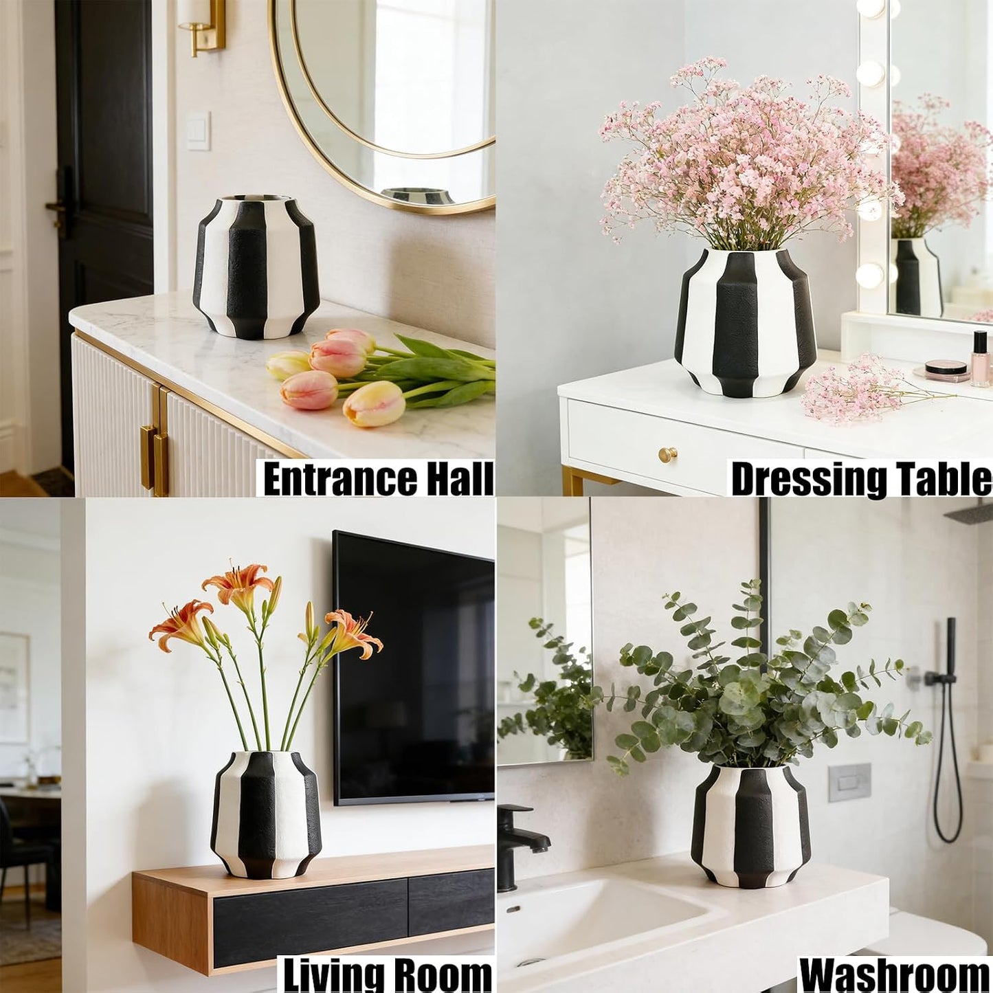White Striped Ceramic Vase / Black