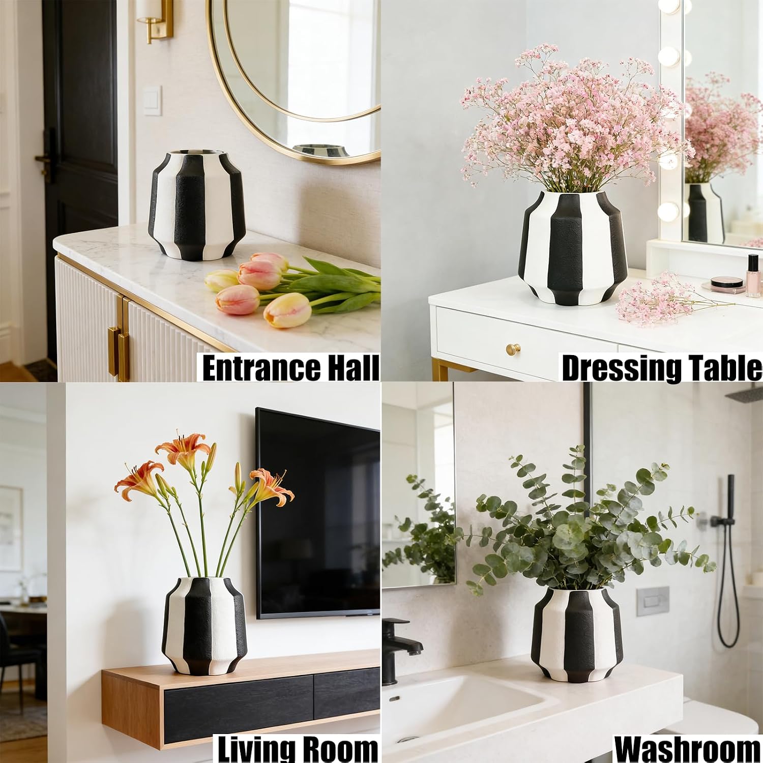White Striped Ceramic Vase / Black