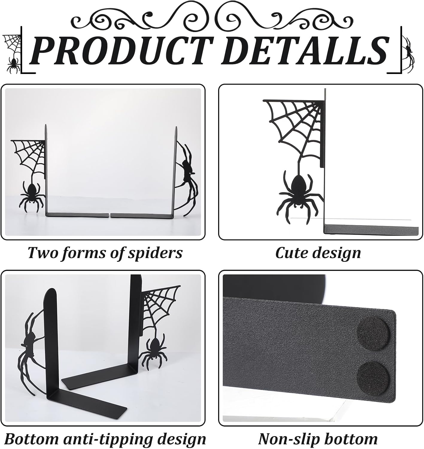 Creepy Metal Bookends Styles Gothic and Web Book Ends / Spider / Black / Set of 2