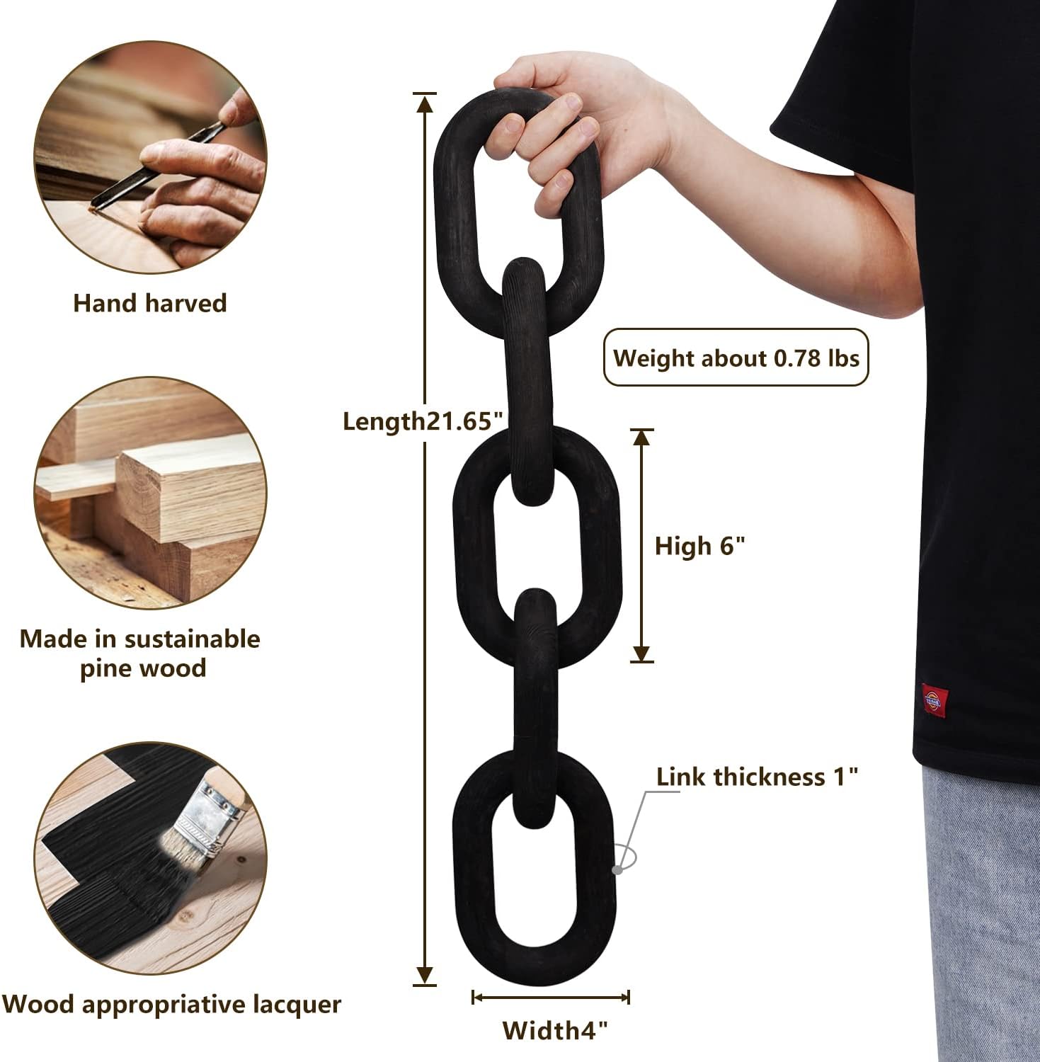5 Link Chain Decor Hand-Carved Wooden Aesthetic Crafts / Black