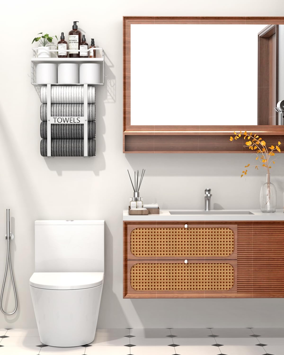 Towel Racks for Bathroom Wall Mounted - Bath Wall Towel Holder Set Above Toilet Storage, Rolled Towel Shelf Organizer