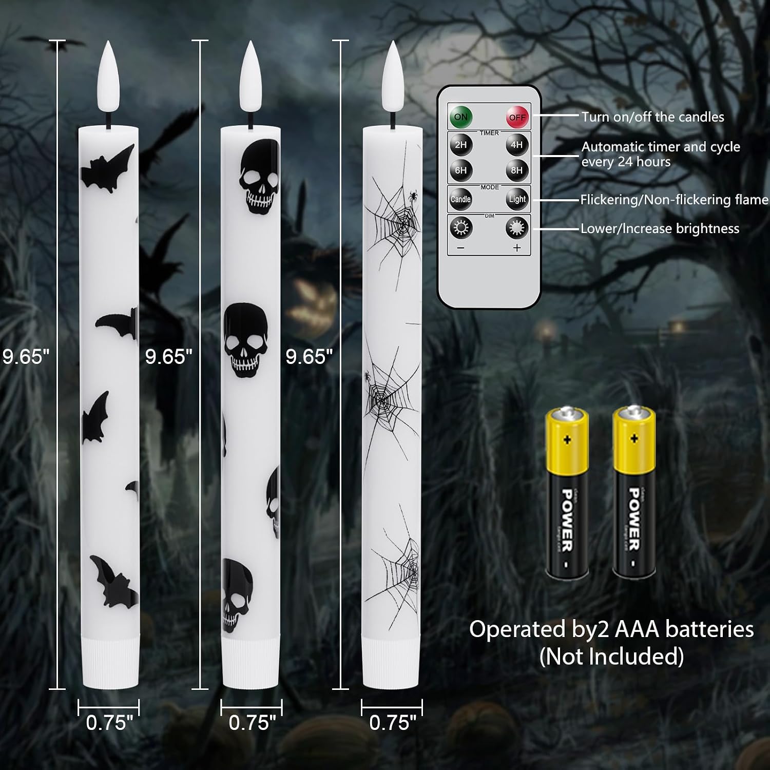 GenSwin Halloween Flameless Taper Candle Spider Web/Skull/Bats Remote Timer | Real Wax, Halloween Party Home Decor