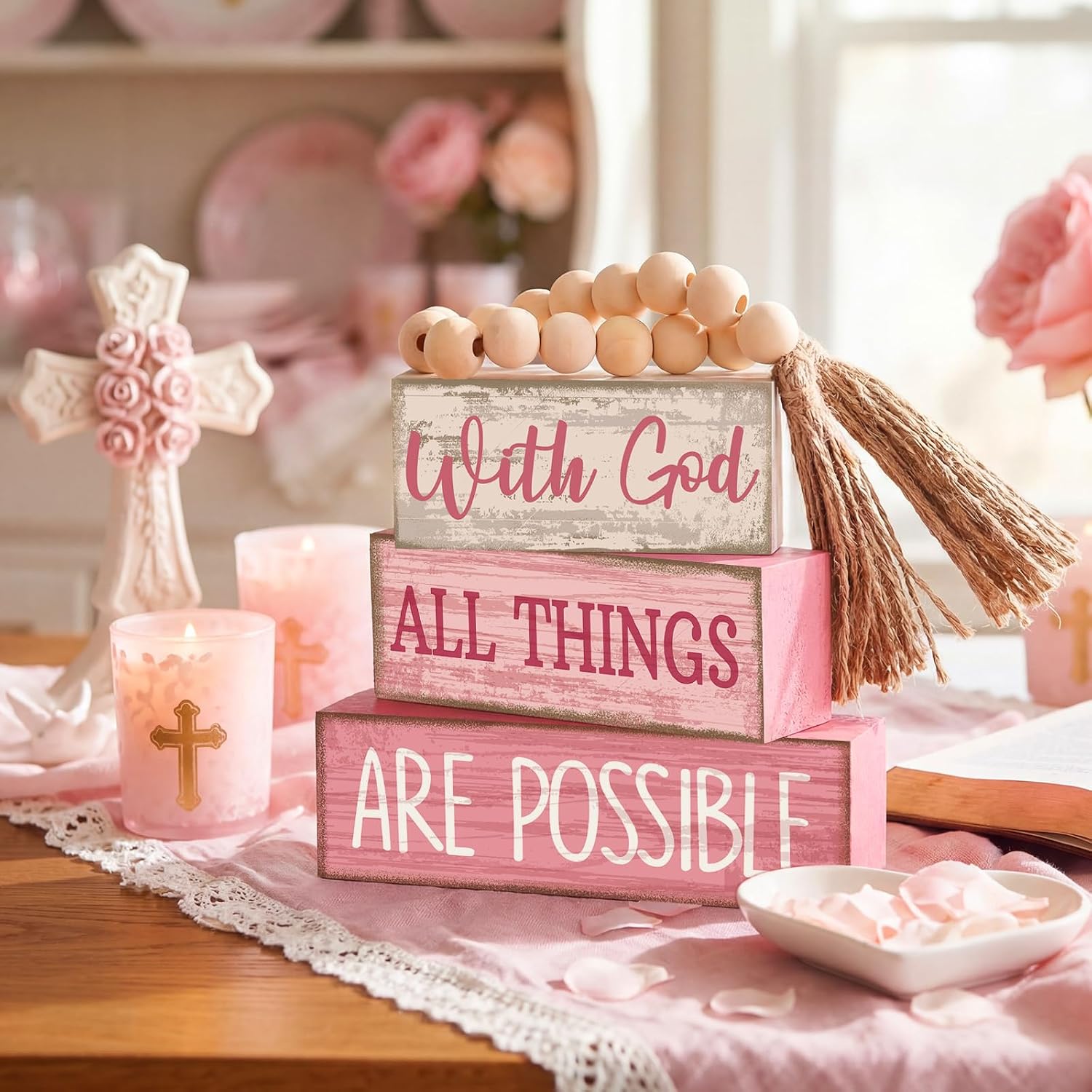 Christian Table Decor Rustic Wooden Block Sign / with God All Things Are Possible / Pink / Set of 4