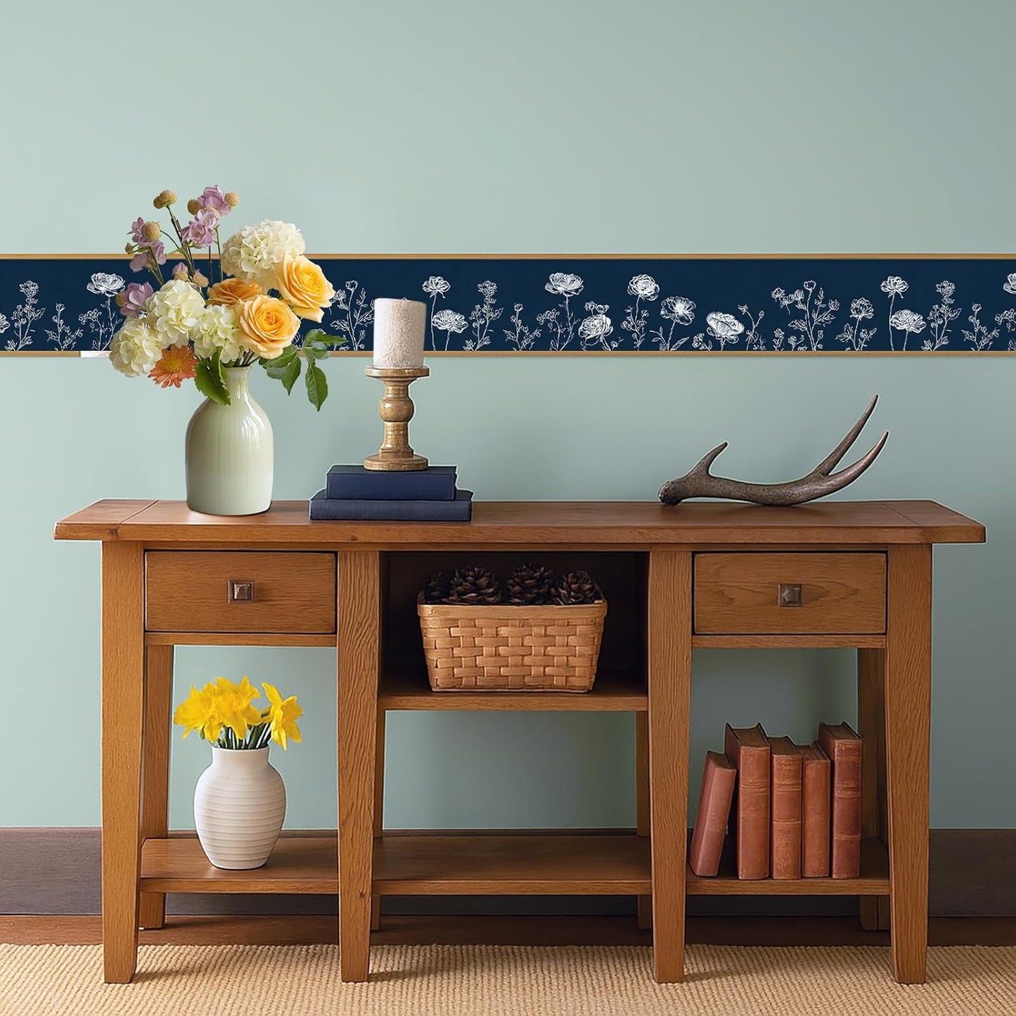 Wall Border Peel and Stick White Floral Wallpaper Border Minimalist / Dandelion / Blue / 196 x 4
