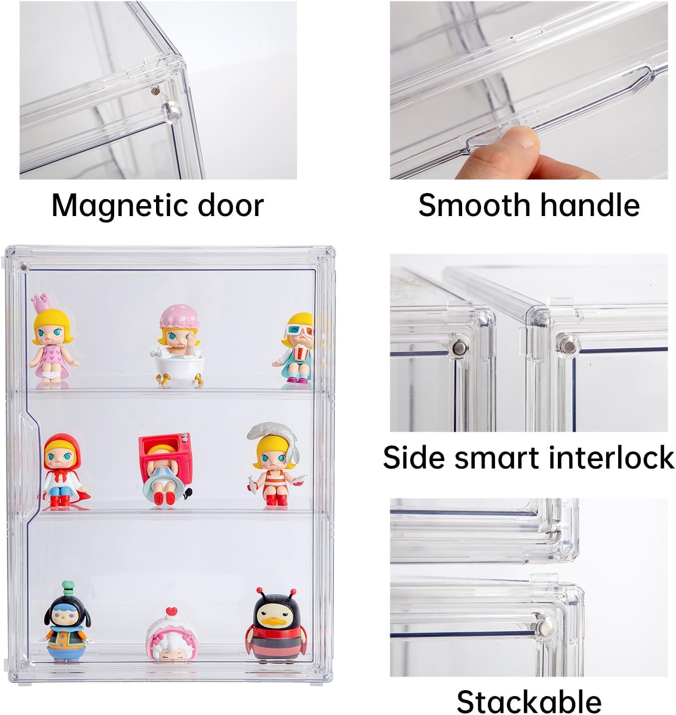 BOHOIDEE 3 Tiers Clear Display Case for Figures, Acrylic Storage Organizers Box with Magnetic Door, Wall-Mounted