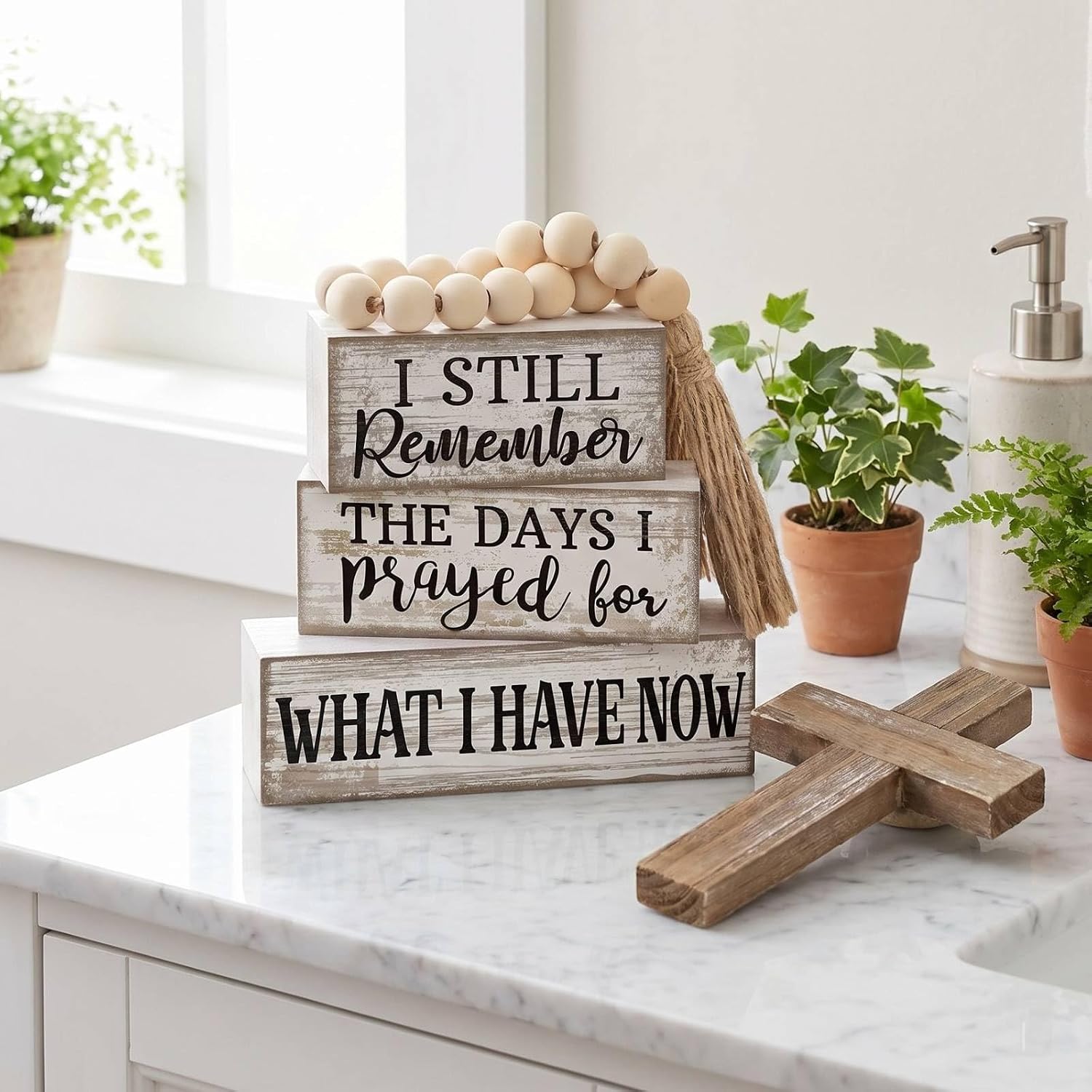 Farmhouse Wooden Tabletop Decor Rustic Retro Wood Bead Garland I Still Remember / Prayed / Set of 4