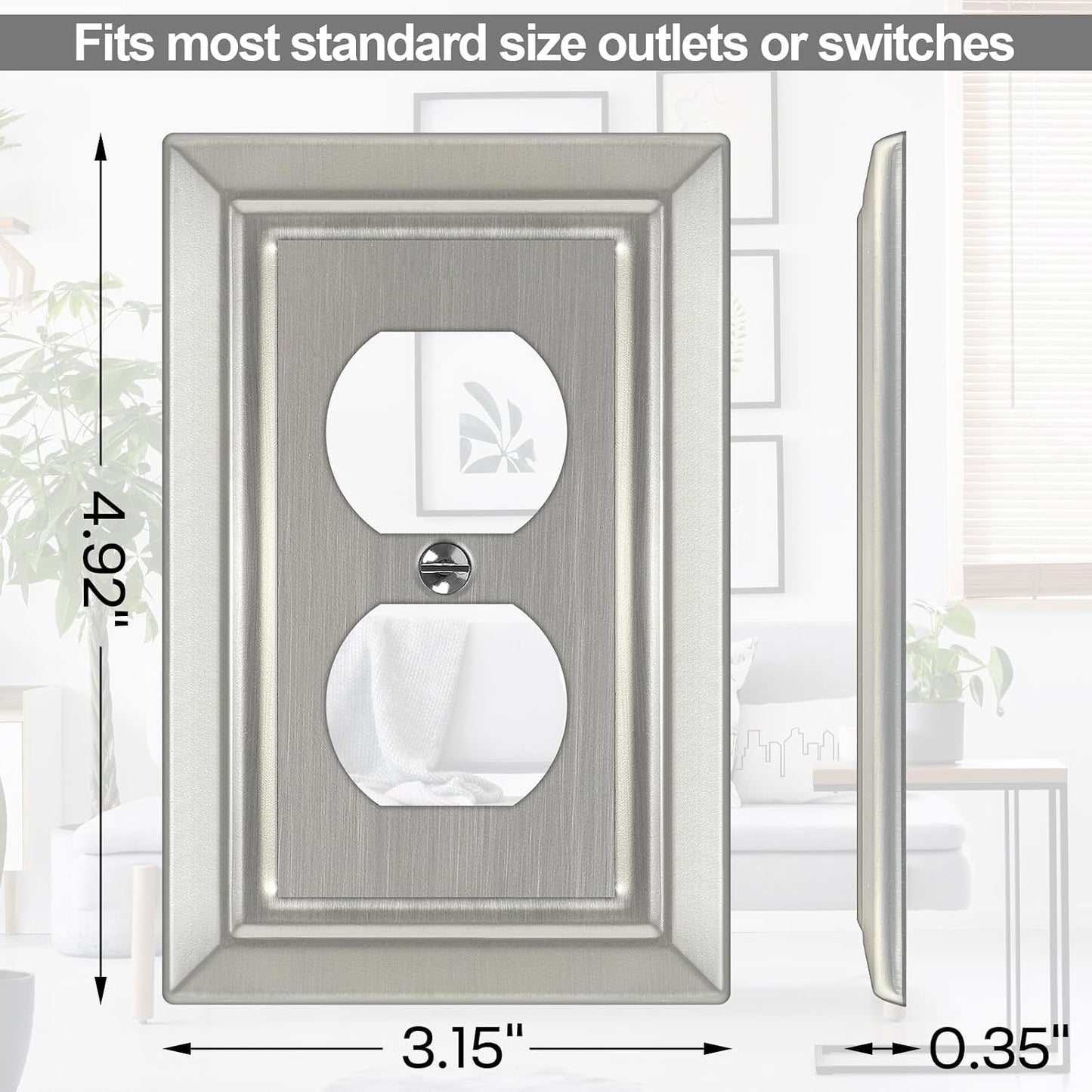Metal Wall Plate for Electrical Outlets, Outlet Covers Wall Plate, 6 Pack | Decorative Brushed Nickel Switch Plates