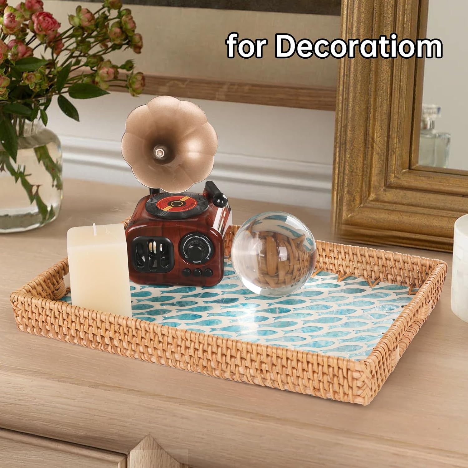 Rattan Serving Tray / Turquoise Fish