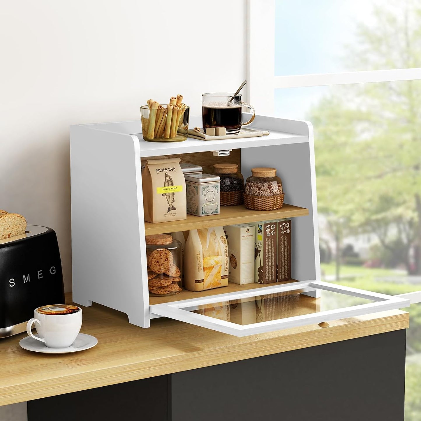 Goozii White Double Layer Bread Box for Kitchen Countertop, 2 Tier Counter Breadbox for Homemade Bread, Large Bread
