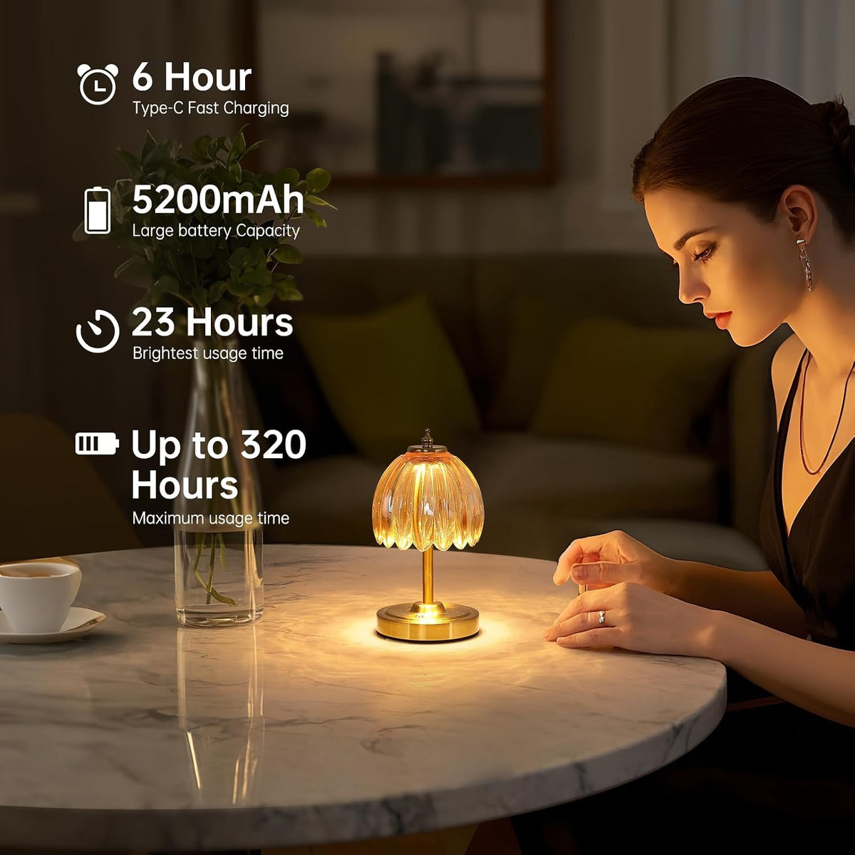 Shenmoyl Tulip Small Table Lamp, 5200mAh Cordless Touch Control Mini Table Lamp with 3 Color Temps & Stepless Dimming