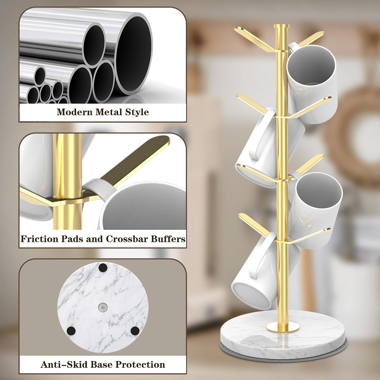 Gold Marble Mug Holder Tree with 2–8 Adjustable Hooks | Detachable Stainless Steel Coffee Cup Stand with Modular Height