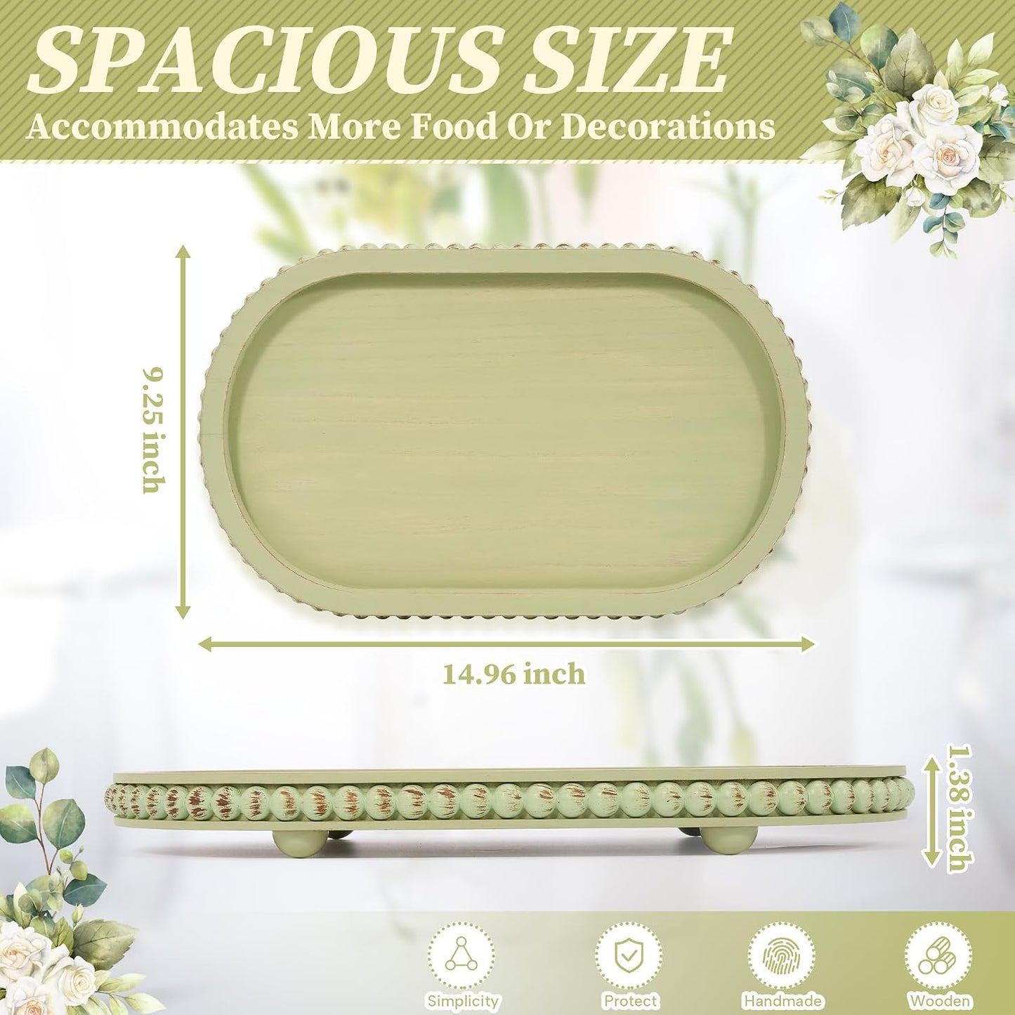 Green Wood Beaded Tray / 15inch Oval Mint Green / 15 Inch