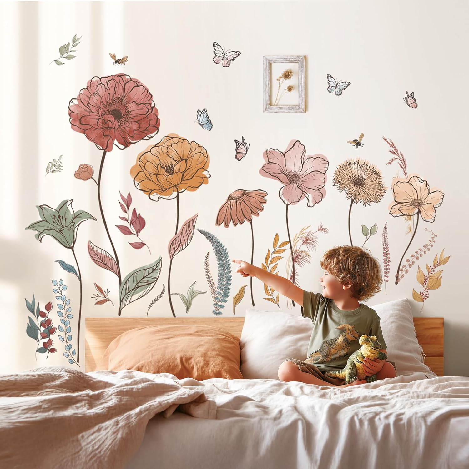 Boho Flowers Wall Decals Peel and Stick Wildflower Floral Dandelion Grass Plants for Baby Nursery