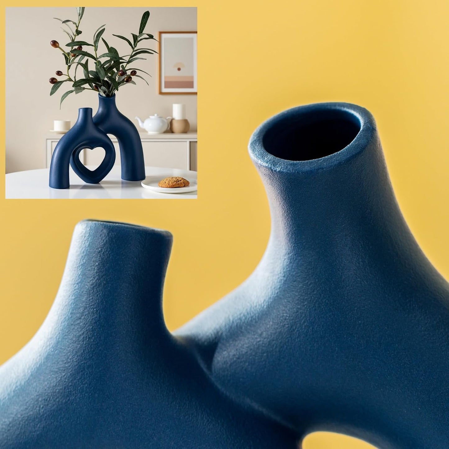 Snuggle Hollow Decorative Ceramic Vase / Heart - Navy Blue / 8.3 Inch