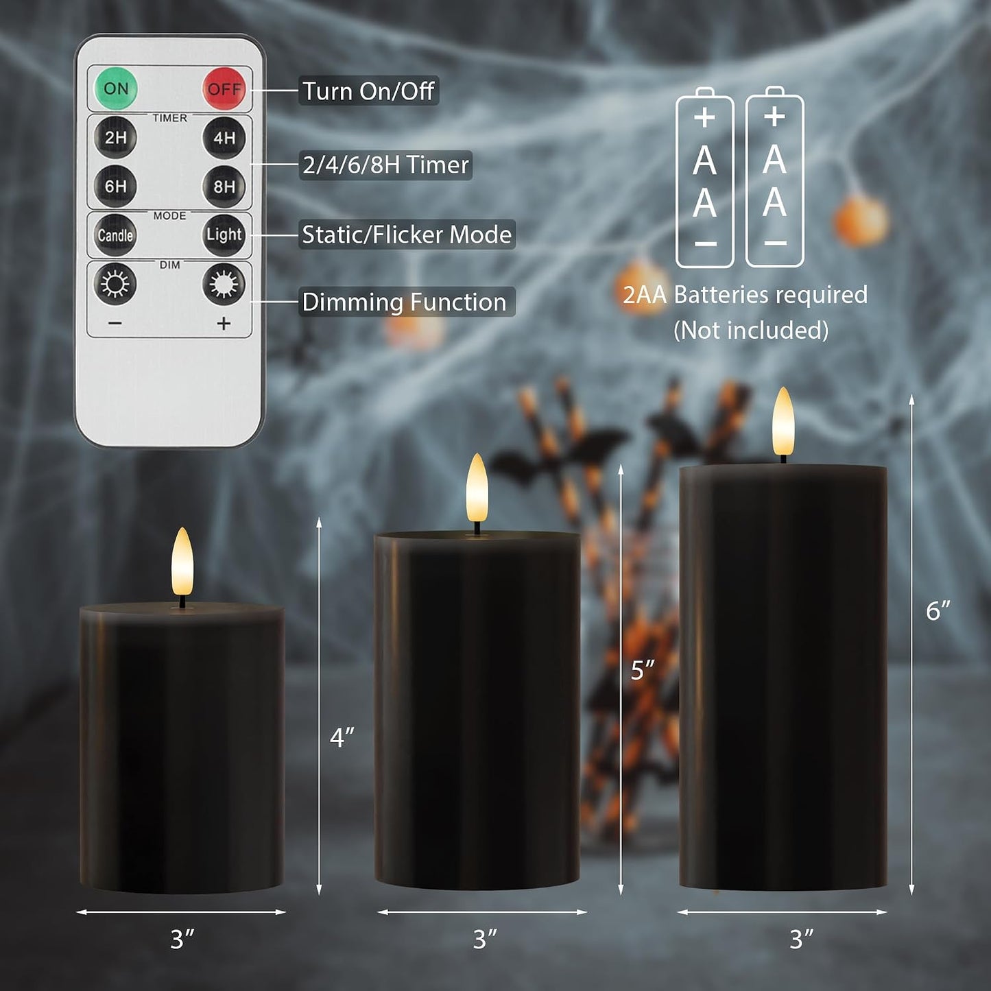 Halloween Flameless Candles with Remote, Battery Operated Candles | Gothic LED Candles, Real Wax Flickering Flameless