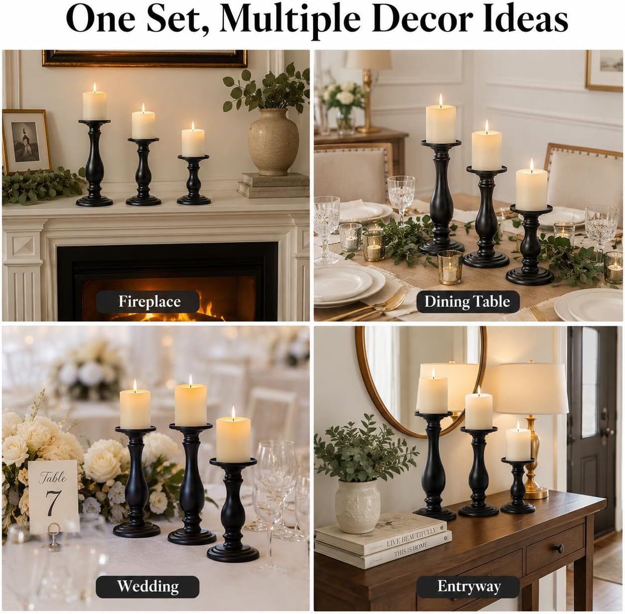 Matte Black Pillar Candle Holders Set of 3-10", 8", 6”H Candlestick Candle Holders Stand, Home Coffee Table Decor