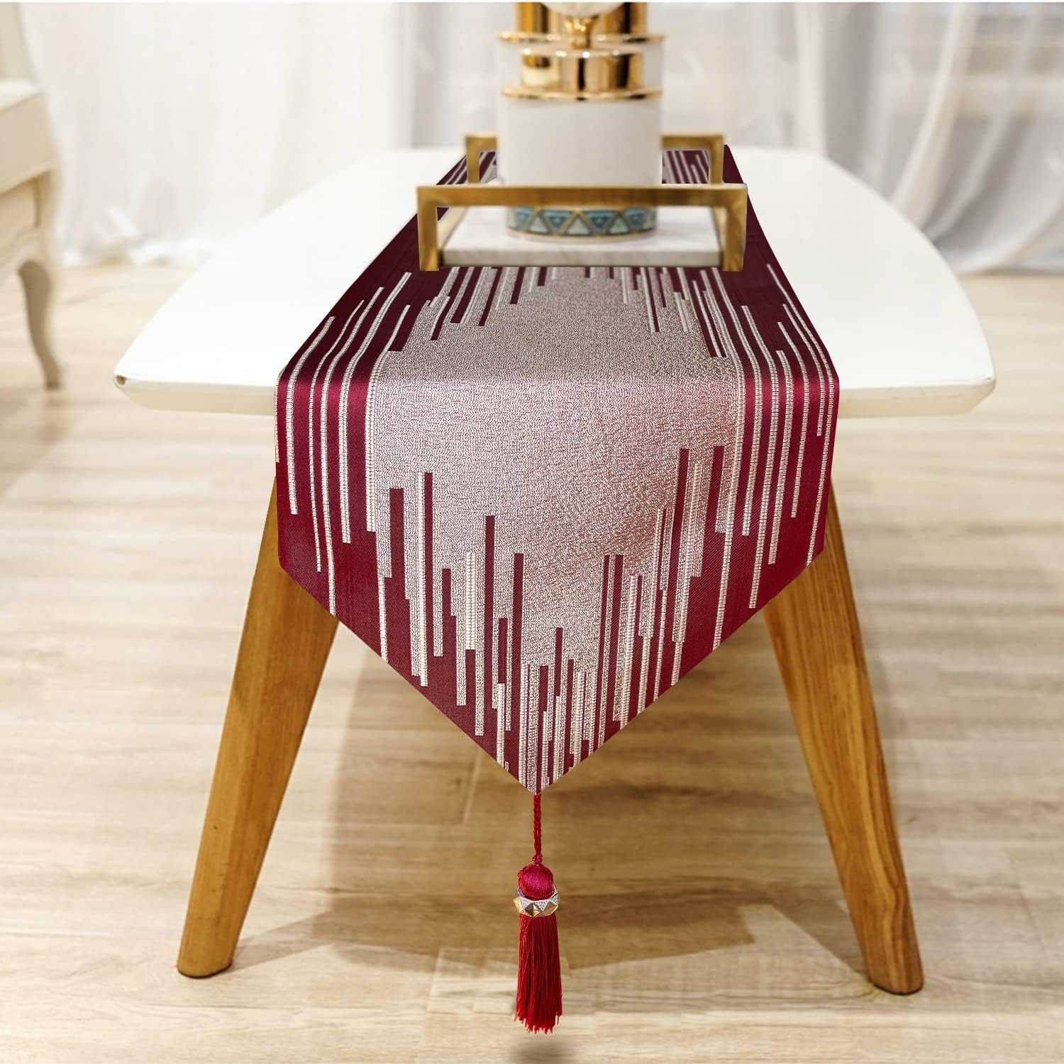 Elegant Modern Red Table Runner,13"x98", Luxury Contemporary Geometric | Table Runners 98 Inches Long, Thick Double