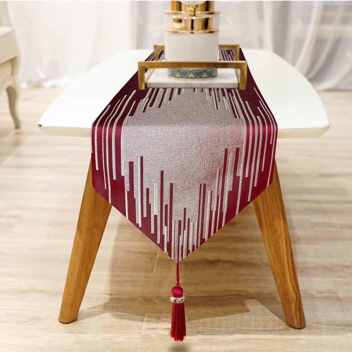 Luxury Red Faux Silk Table Runner,13"x120", Modern Geometric Lines, Tassel | Table Runners 120 Inches Long, Elegant
